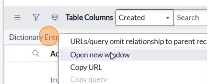 Dictionary Entries In the table configuration, right-click on Dictionary Entries in the left-hand navigation panel. Click on Open in New Tab to open the dictionary entry configuration in a new browser tab.