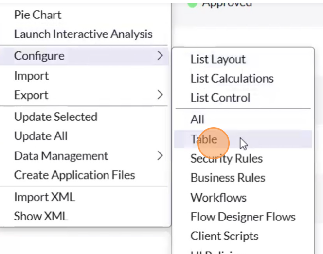 From the context menu, click on Table to open the table configuration settings for the requested item.