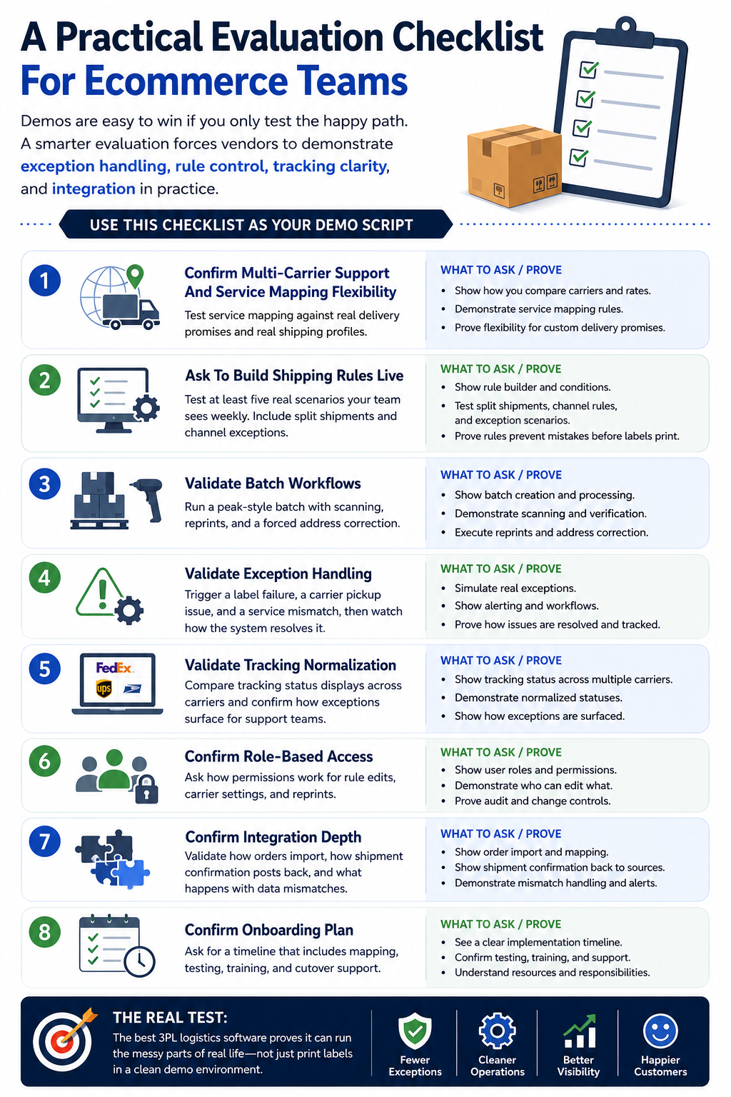 Demos are easy to win if you only test the happy path. A smarter evaluation of an enterprise shipping system, though, forces vendors to demonstrate exception handling, rule control, tracking clarity, and integration in practice. Use this checklist as a demo script.